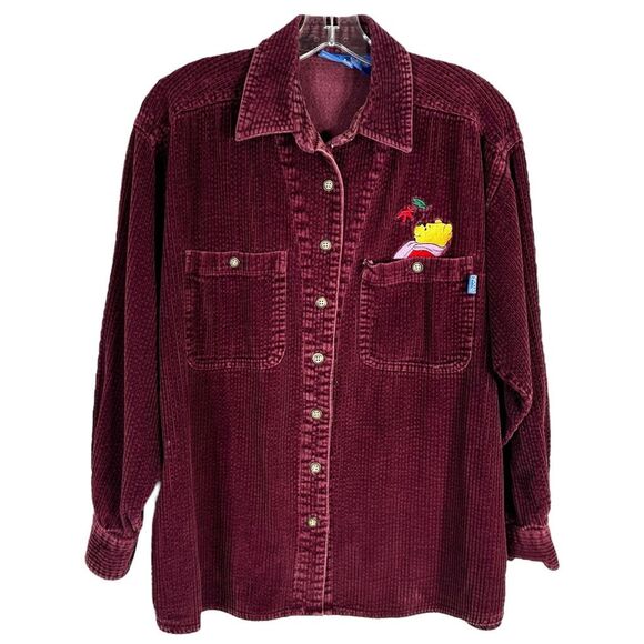 VTG Winnie the Pooh Medium Top Button Up Blouse Corduroy Embroidered Maroon 1394 - Picture 1 of 8